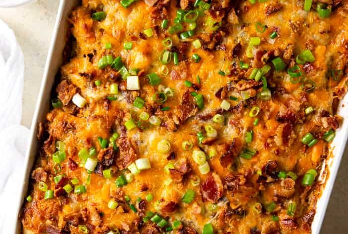 Potato Chicken Casserole in a dish baked with cheese