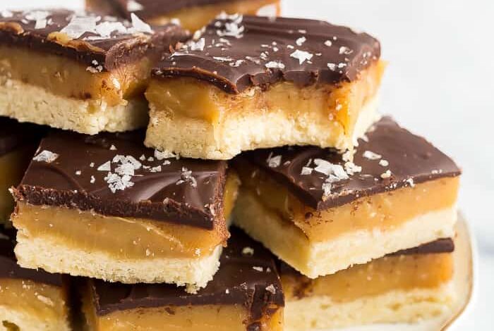 stack of millionaire shortbread on plate