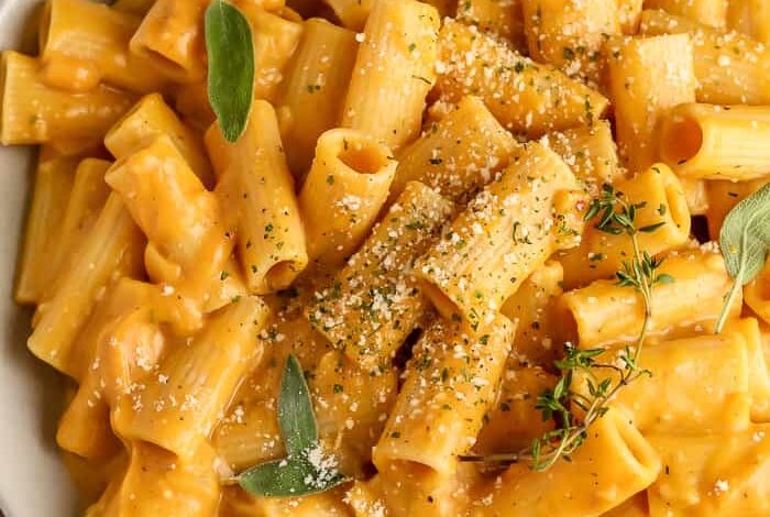 Pumpkin Pasta in a white bowl