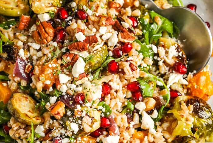 Harvest Farro Salad with a spoon