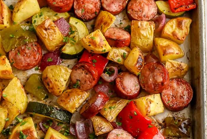 Roasted Sausage and Potatoes on a baking sheet