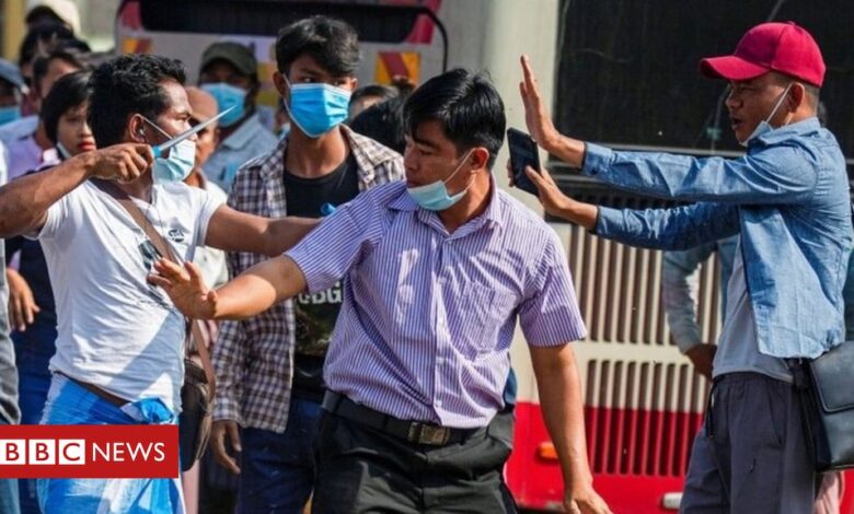 Myanmar coup: Violence flares as rival protesters clash in Yangon
