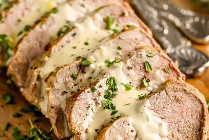 pork tenderloin with sauce overtop