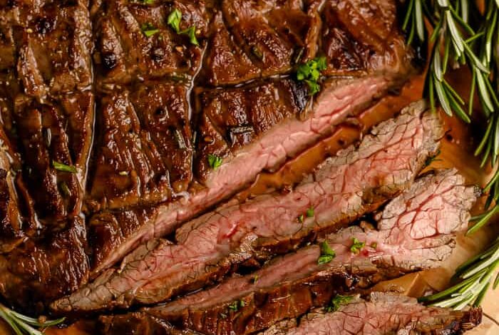 Sliced Balsamic Marinated Flank Steak with rosemary