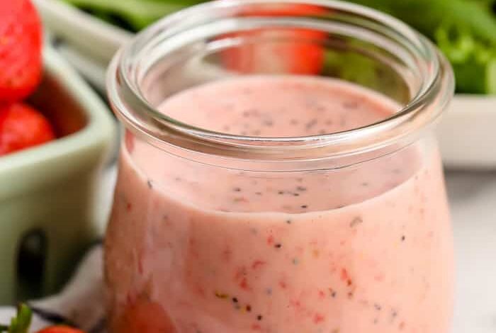 Strawberry Salad Dressing in a clear jar