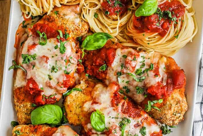Air Fryer Chicken Parmesan on a plate with spaghetti