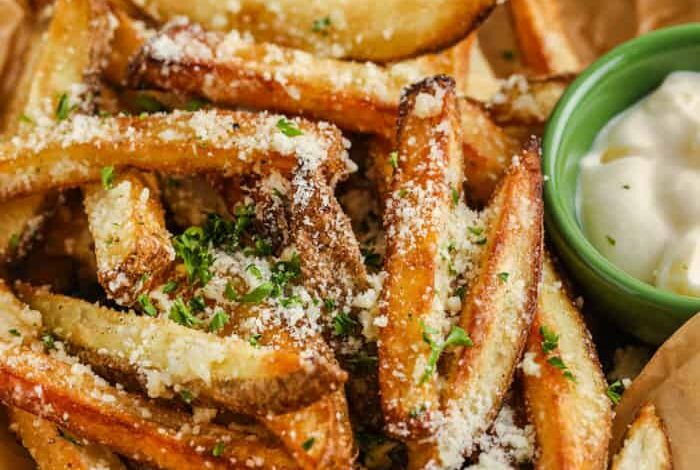 Garlic Parmesan Fries on a plate with dip