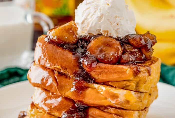 Bananas Foster French Toast on a plate with ice cream