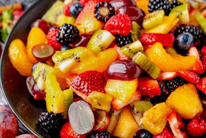 fruit salad in a dark bowl