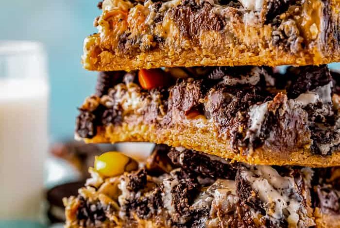 stack of peanut butter cookie magic bars