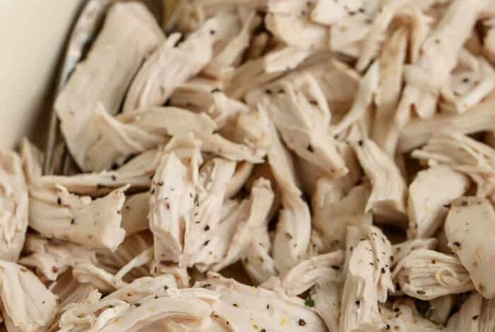 close up of oven shredded chicken breasts