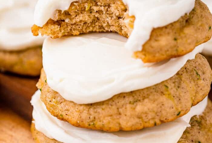 close up of a stack of Zucchini Cookies with a bite taken from the top one