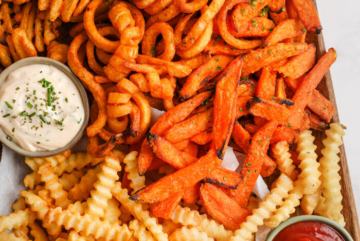 Air Fryer Frozen French Fries cooked with dips