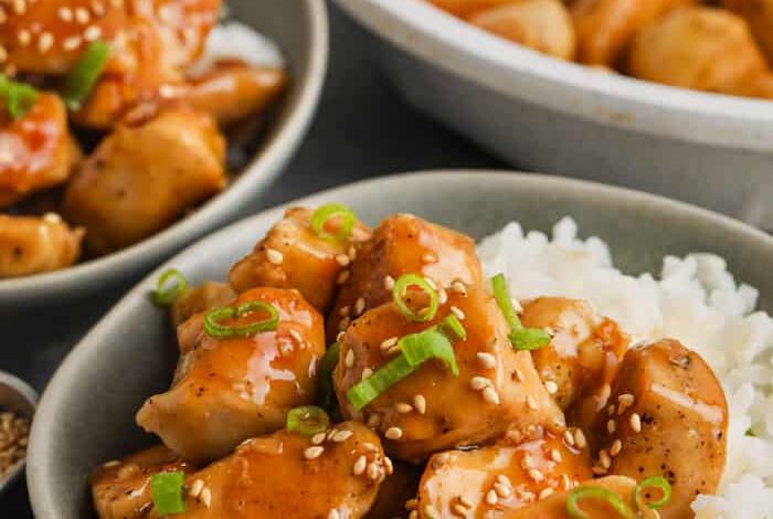 close up of Honey Garlic Chicken with rice in a bowl