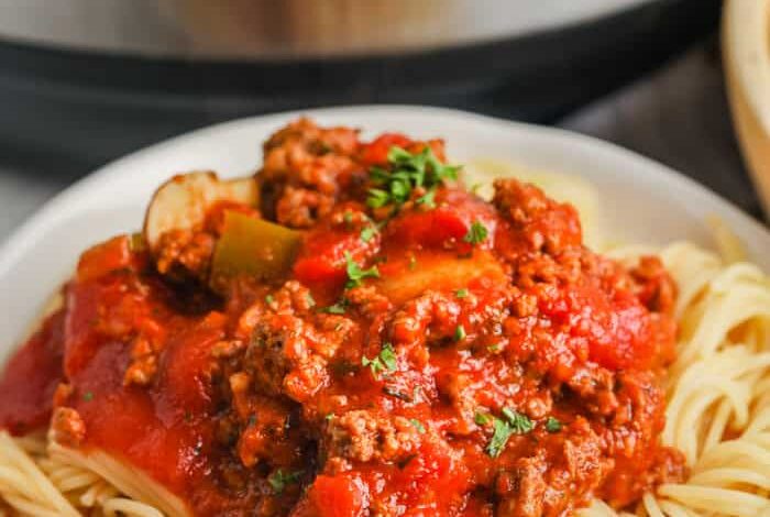 Instant Pot Pasta Sauce on spaghetti