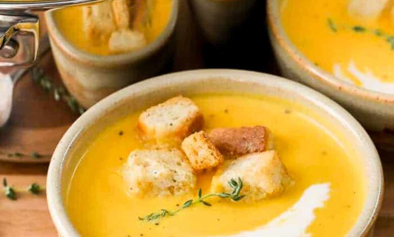 Butternut Squash Soup in bowls with croutons