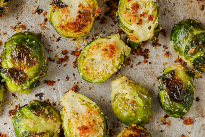 cooked Crispy Roasted Brussels Sprouts on a baking sheet