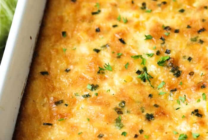 baked overhead of Corn Pudding in a casserole dish