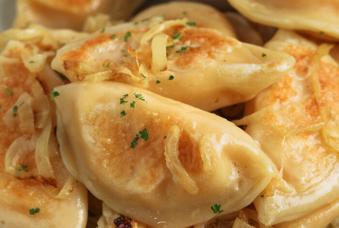 close up of plated Homemade Pierogi