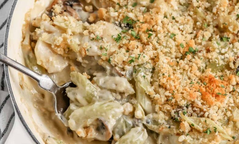 Celery Casserole with a spoon in it