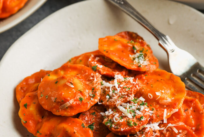 plated Skillet Ravioli with a fork