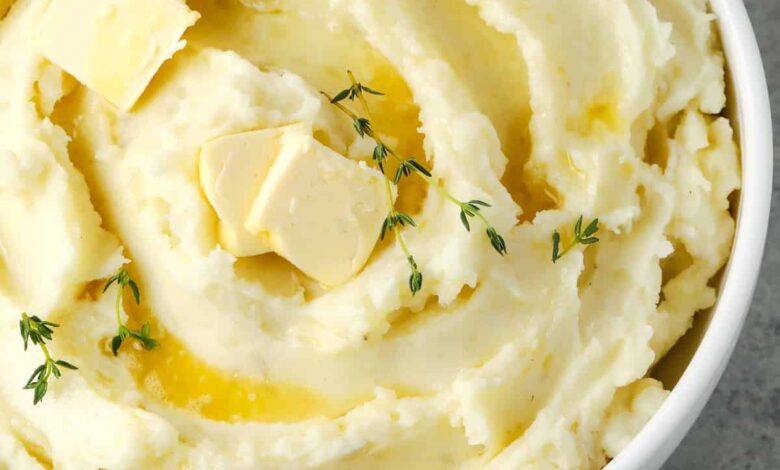 mashed potatoes and butter in a dish