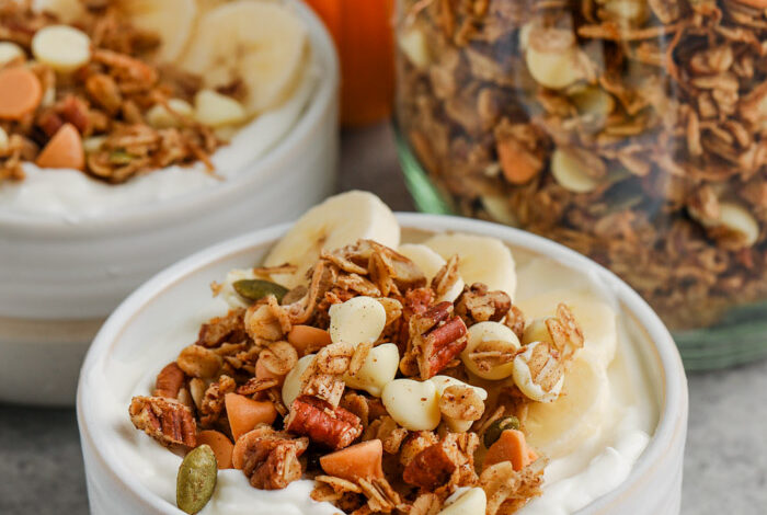 plated Pumpkin Spice Granola with jar full in the back