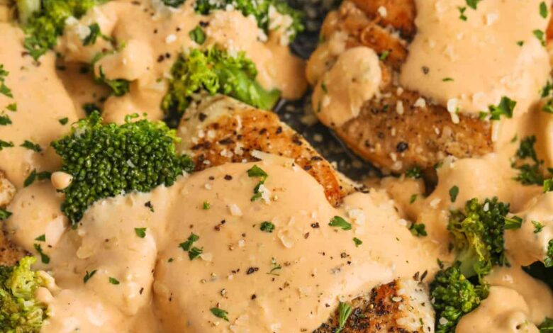 Chicken and Broccoli in the pan with cheese sauce on top