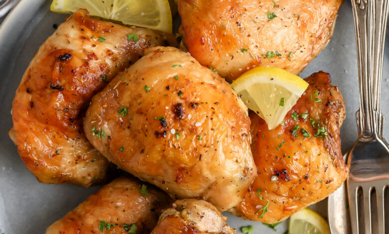 top view of plated Roasted Chicken Thighs