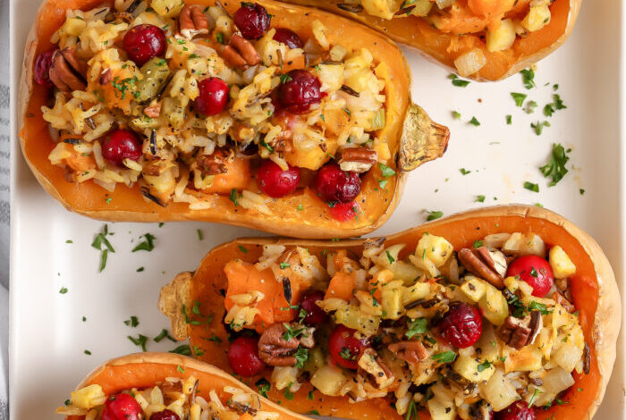 top view of Stuffed Butternut Squash in a dish