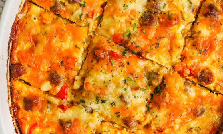 Sausage Breakfast Casserole sliced in a casserole dish