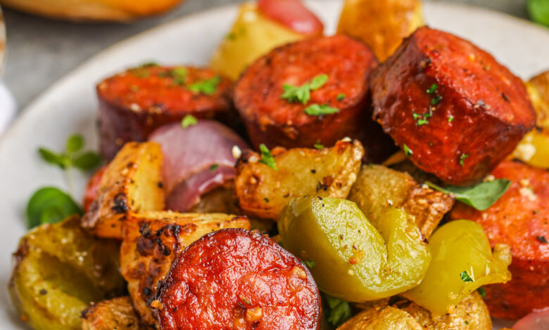 plated Air Fryer Potatoes and Sausage