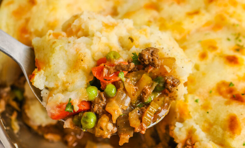 close up of Cottage Pie with a spoon full