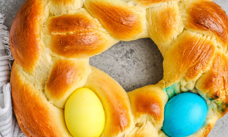 Top view of a baked loaf of Easter Bread