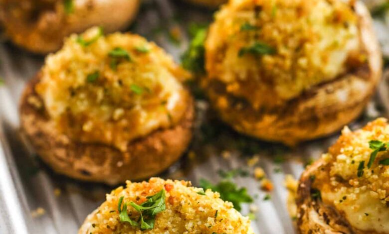 close up of baked Stuffed Mushrooms