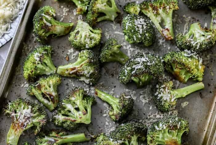 Roasted Broccoli with parmesan on a tray