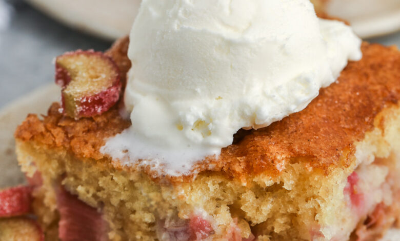 Rhubarb Cake with ice cream and a bite taken out