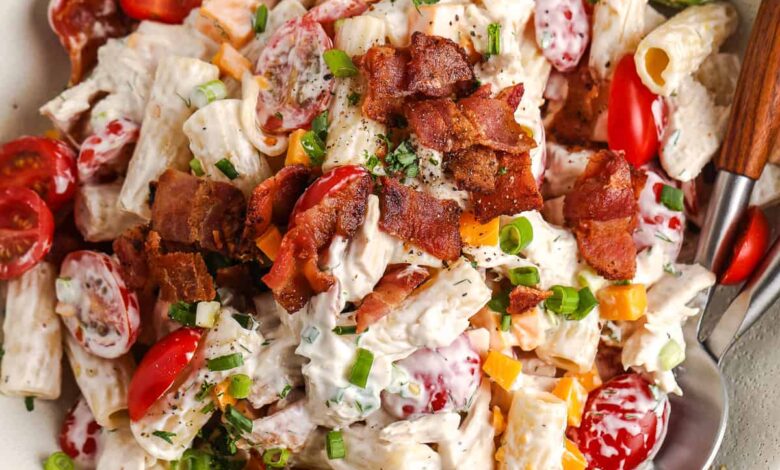 Bacon Ranch Pasta Salad in a bowl with spoons