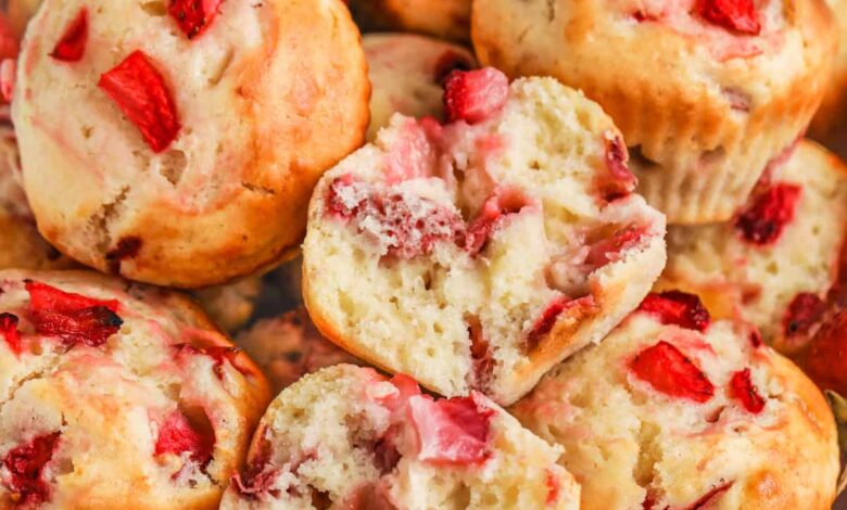 Strawberry Muffins with one in half to show middle