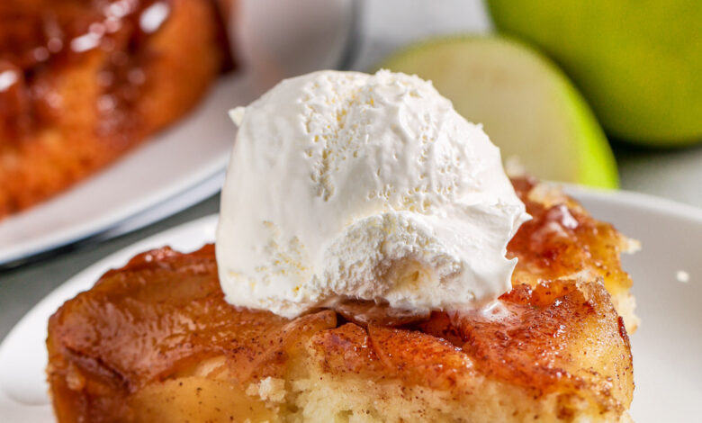 plated Brown Sugar Apple Cake with vanilla ice cream