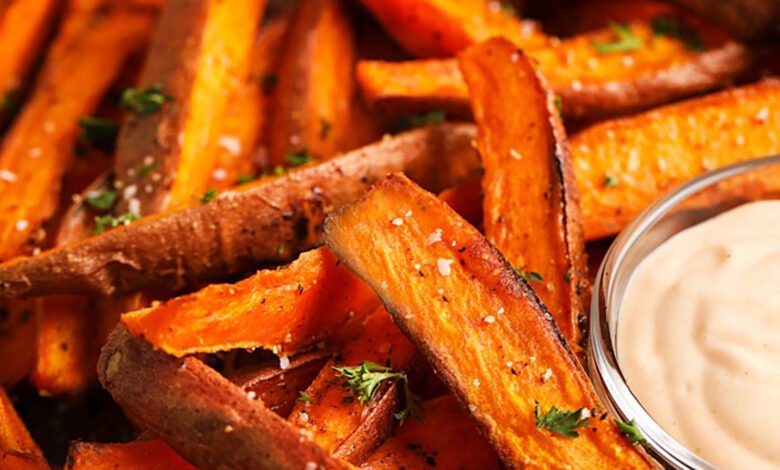 close up of plated Baked Sweet Potato Fries with dip