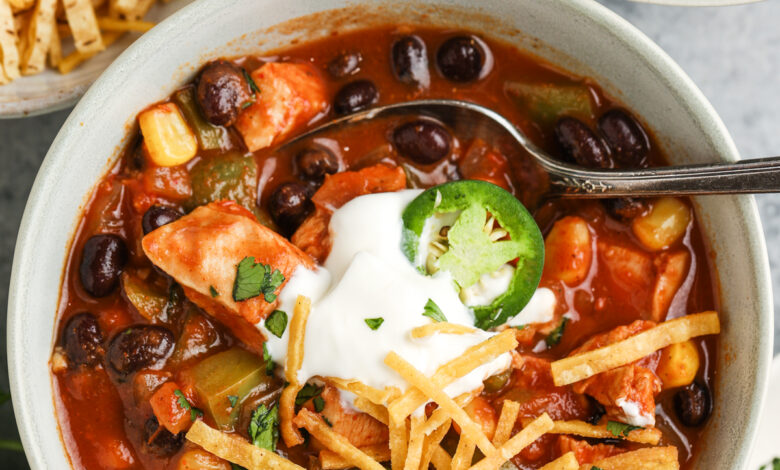 top view of Chicken Taco Soup in a bowl