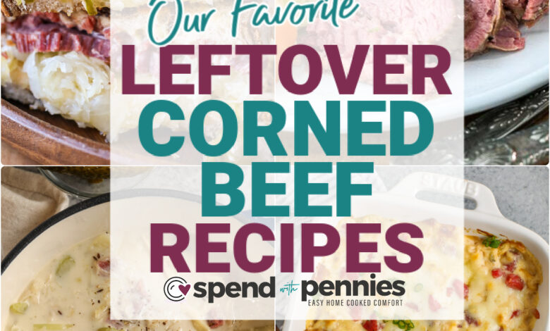 a collage of leftover corned beef recipe shown with a title