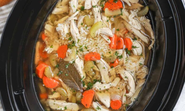 Crockpot Chicken and Rice Soup in the crockpot