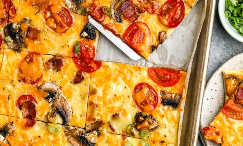 sliced Sheet Pan Eggs in the pan
