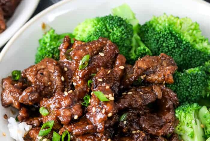 Mongolian beef on rice with broccoli