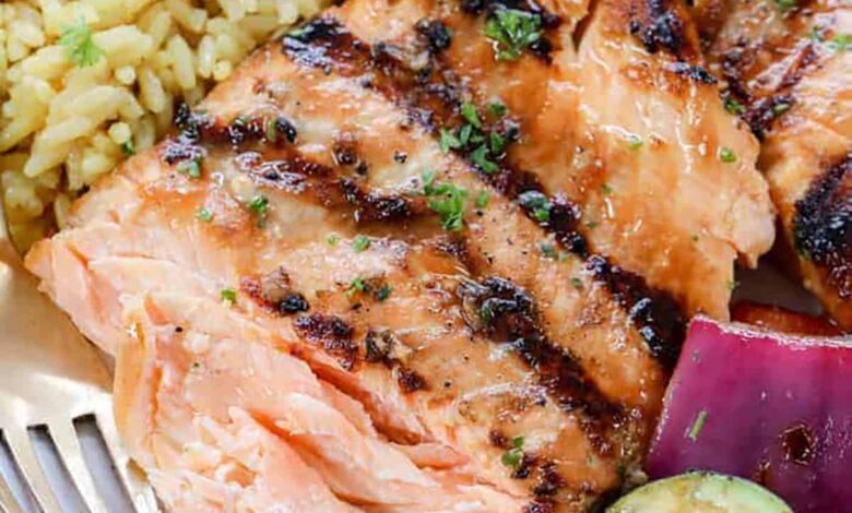 plated Easy Grilled Salmon with rice and vegetables
