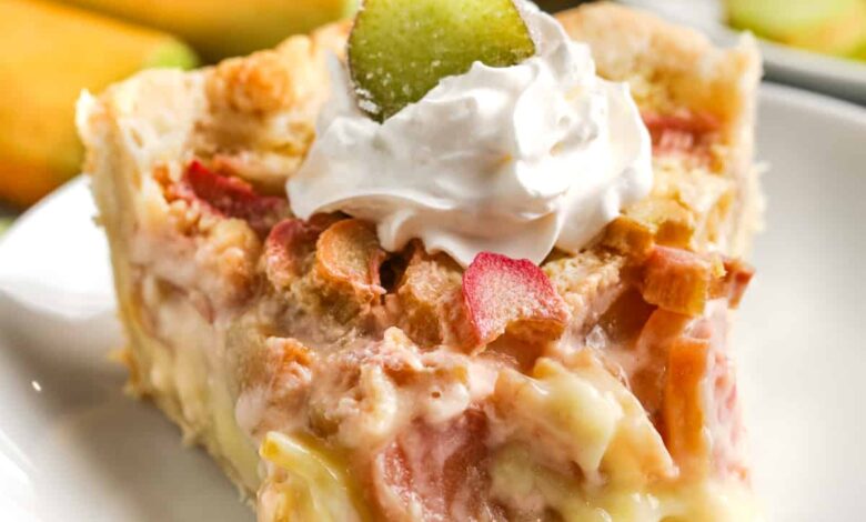 Rhubarb Custard Pie with a bite taken out