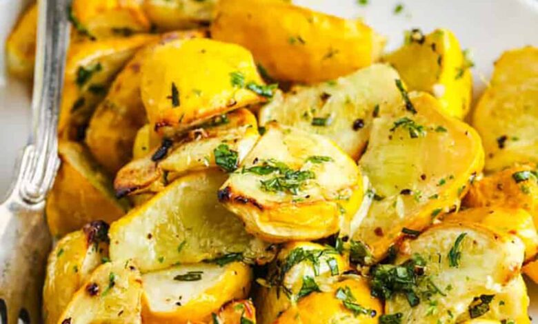 plated Roasted Patty Pan Squash with herbs