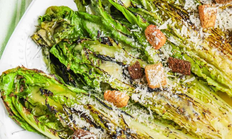 Grilled Romaine with croutons and parmesan